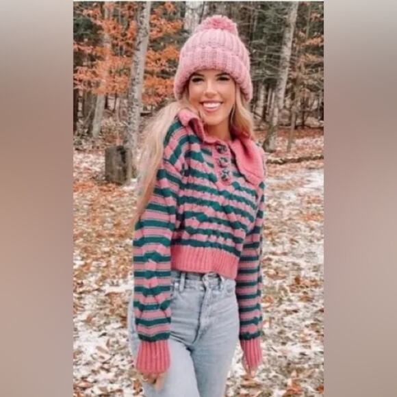 Zara Pink Green Striped Cable Knit Sweater Peter Pan Collar Womens Size L - Picture 3 of 9